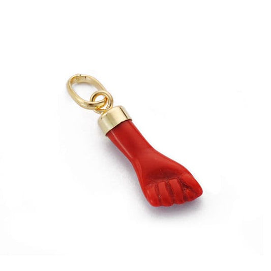 18K COLGANTE ORO AMARILLO HIGA PUÑO MANO PEQUEÑA ROJA CORALINA 17X5.5 MM