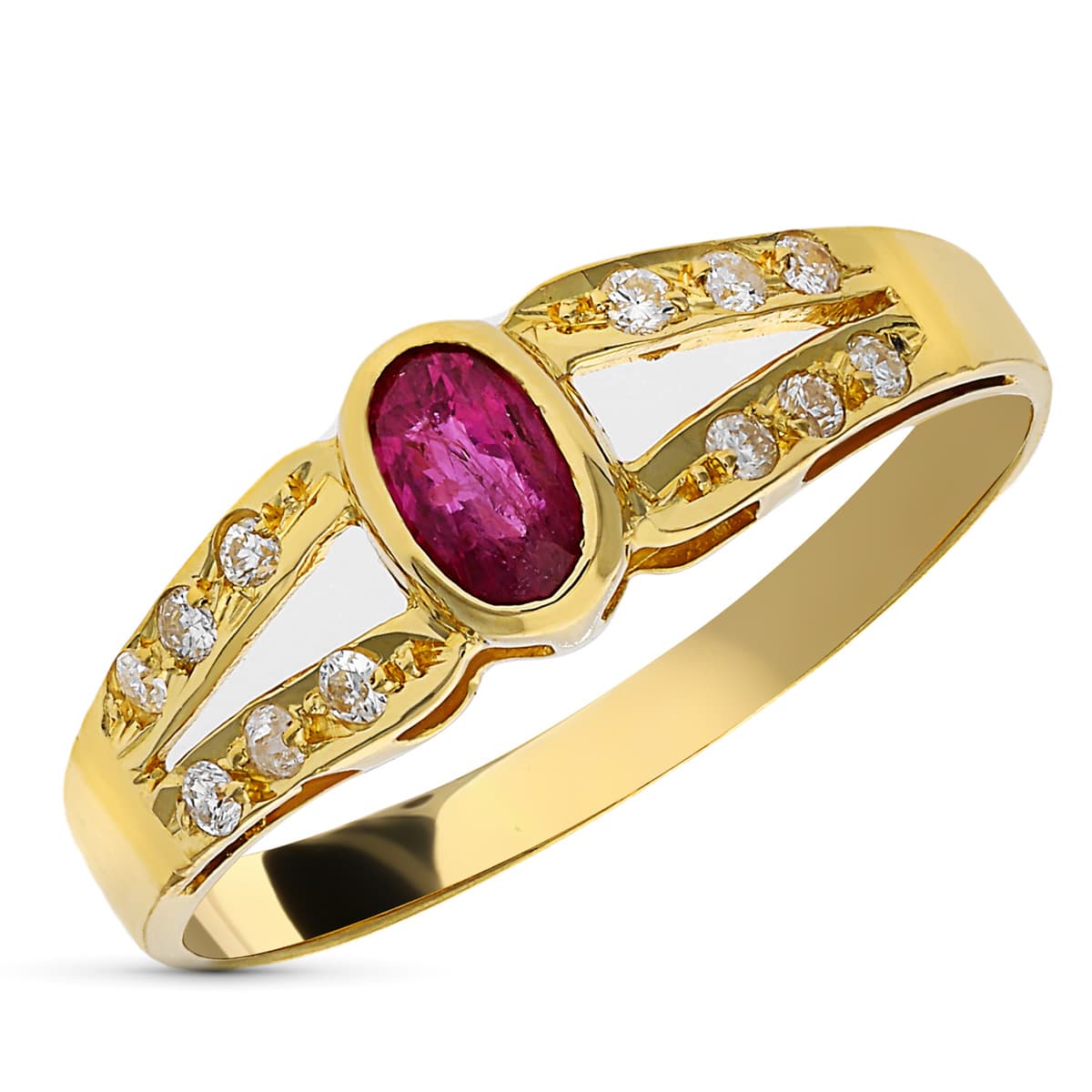 Sortija Diamantes Naturales Talla 0,12 Qts y Rubí Oval. de oro amarillo 18K