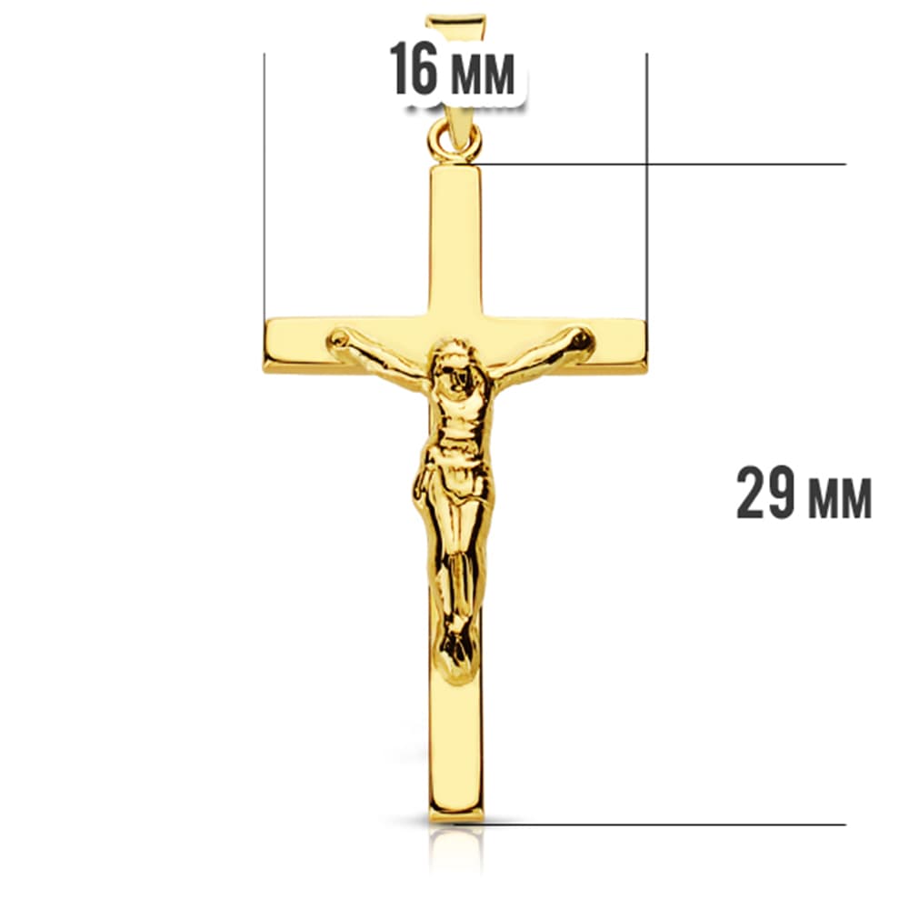 9K CRUZ ORO AMARILLO CON CRISTO PALO PLANO. 29X17 MM
