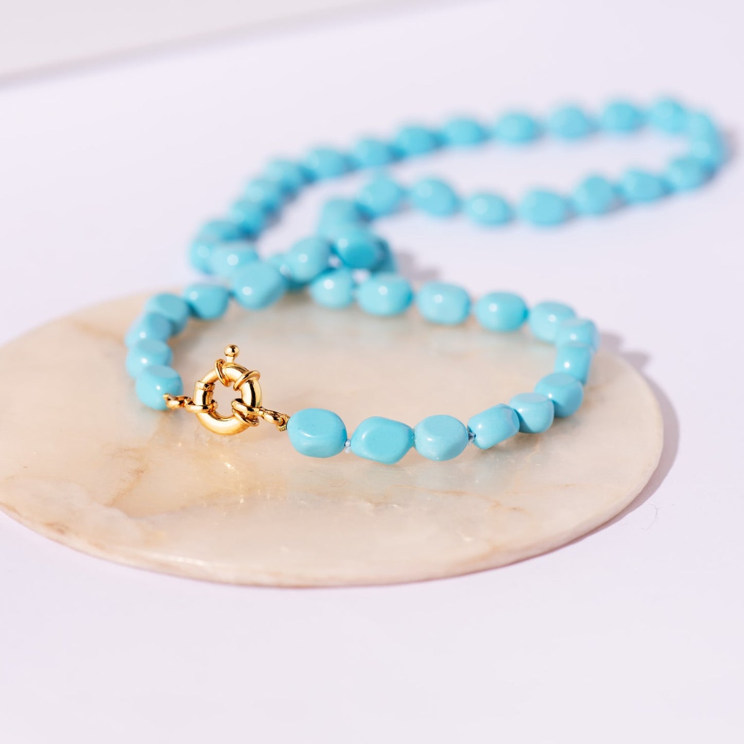 18K GARGANTILLA TURQUESAS LARGO: 45CM CIERRE DE TIMON 10MM ORO AMARILLO