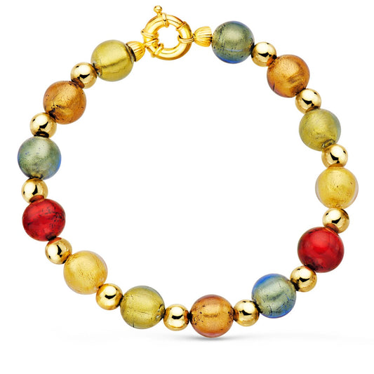Pulsera Bolas Cristal Murano 10 mm y Bolas Lisas 6 mm 21 cm de oro amarillo 18K