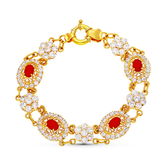 Pulsera Coralina y Circonita 21 cm de oro amarillo 18K