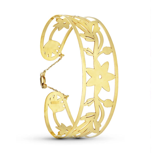 18K PULSERA RIGIDA ORO AMARILLO FLORES MEDIDA INTERIOR 62X55 MM ANCHO TOTAL 22 MM CIERRE MOSQUETON CON CADENA