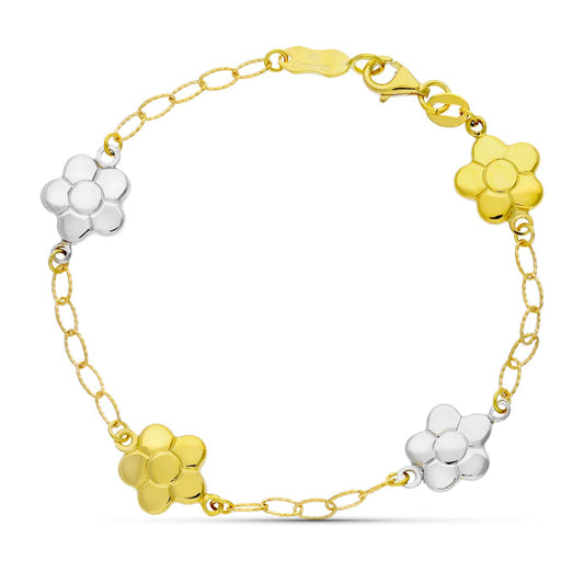 Pulsera Bicolor Flores 17 cm 18K