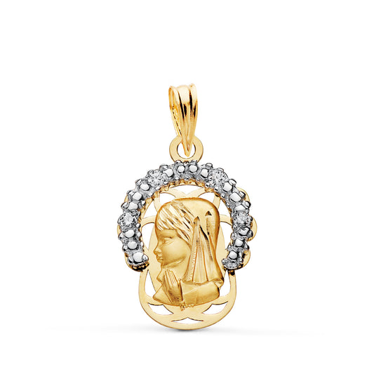 18K COLGANTE ORO BICOLOR VIRGEN NIÑA CORONA CON CIRCONITAS. MEDIDA: 20 X 14 MM