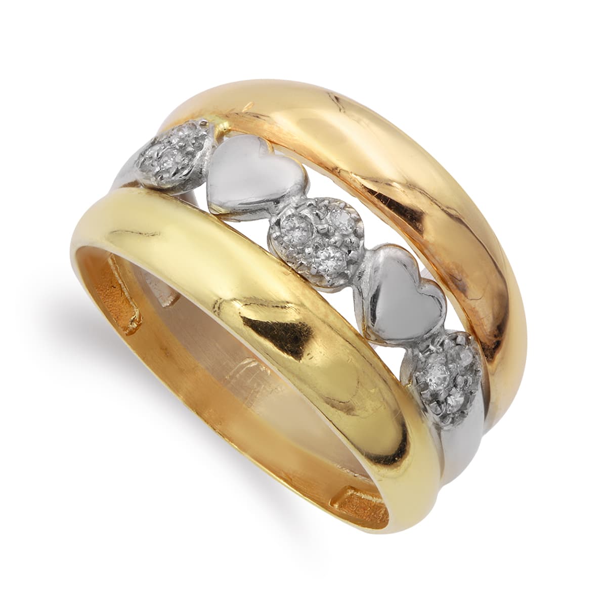 Sortija Tricolor Bandas con Corazones. Ancho 13 mm 18K