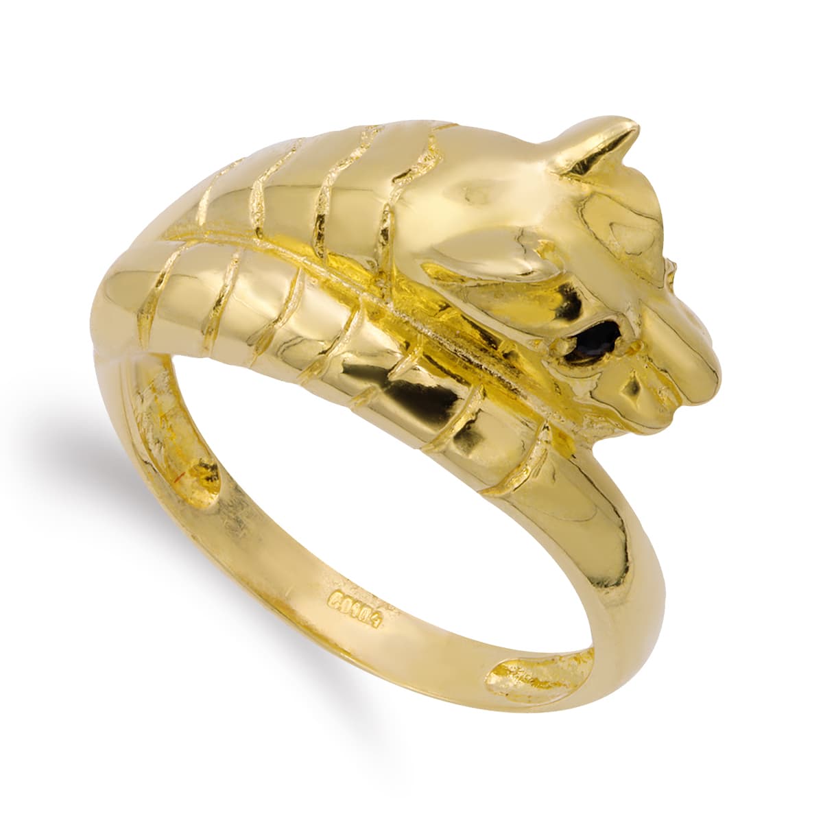 Sortija Cabeza Puma Ojos Zafiro. Ancho: 11,5 mm de oro amarillo 18K