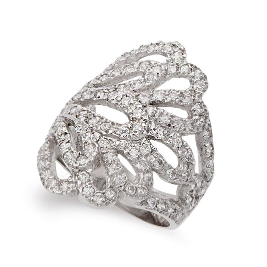 18K SORTIJA ORO BLANCO HOJAS CON CIRCONITA ANCHO 27 MM