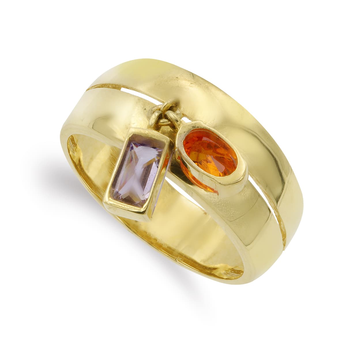 Sortija Dos Piedras Amatista y Naranja. Ancho: 9 mm de oro amarillo 18K