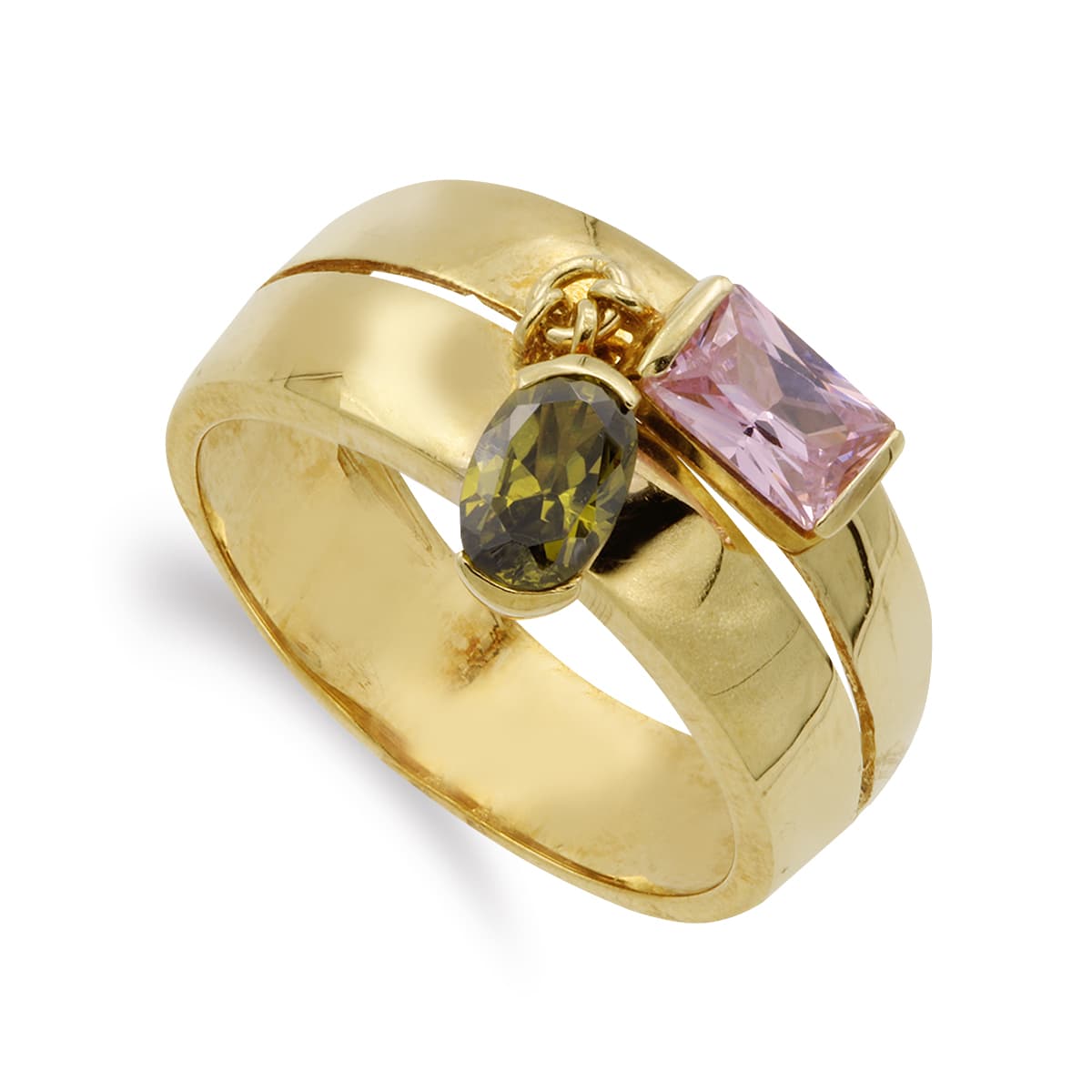 Sortija Dos Piedras Rosa y Verde. Ancho: 9 mm de oro amarillo 18K