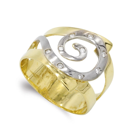 18K SORTIJA ORO BICOLOR OLA CON CIRCONITAS. ANCHO: 17 MM