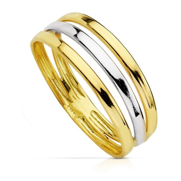 18K SORTIJA ORO BICOLOR TRES HILOS ANCHO 7 MM