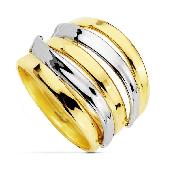 18K SORTIJA ORO BICOLOR 5 BANDAS BRILLO ANCHO 16 MM