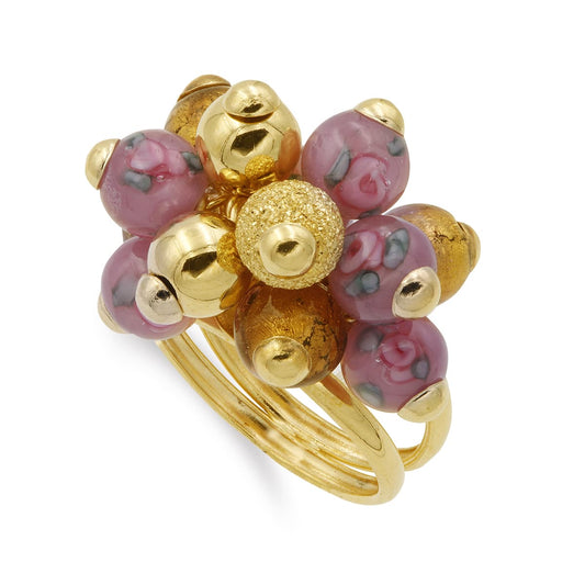 18K SORTIJA ORO AMARILLO DOBLE CON BOLITAS DE MURANO. ANCHO MOTIVO 22X15 MM