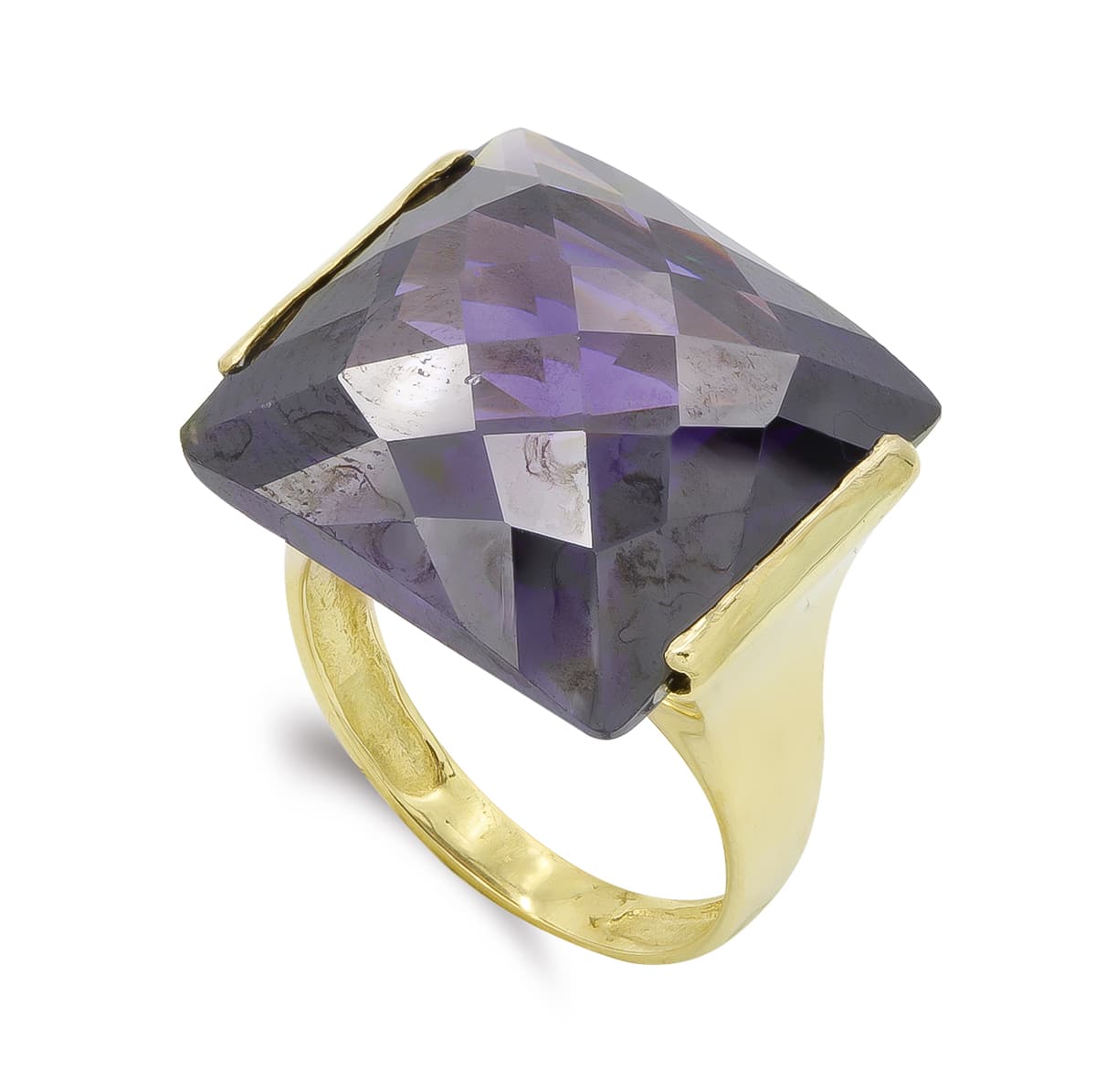 Sortija Piedra Rectangular Amatista. Ancho: 18 mm de oro amarillo 18K