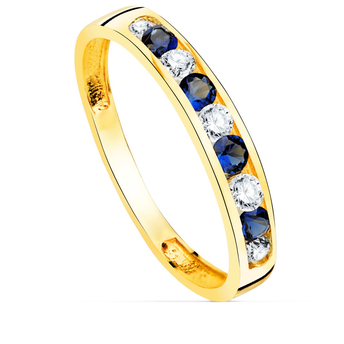 Sortija 9 Circonita Blancas y Azules. Ancho Cuerpo 3,5 mm de oro amarillo 18K