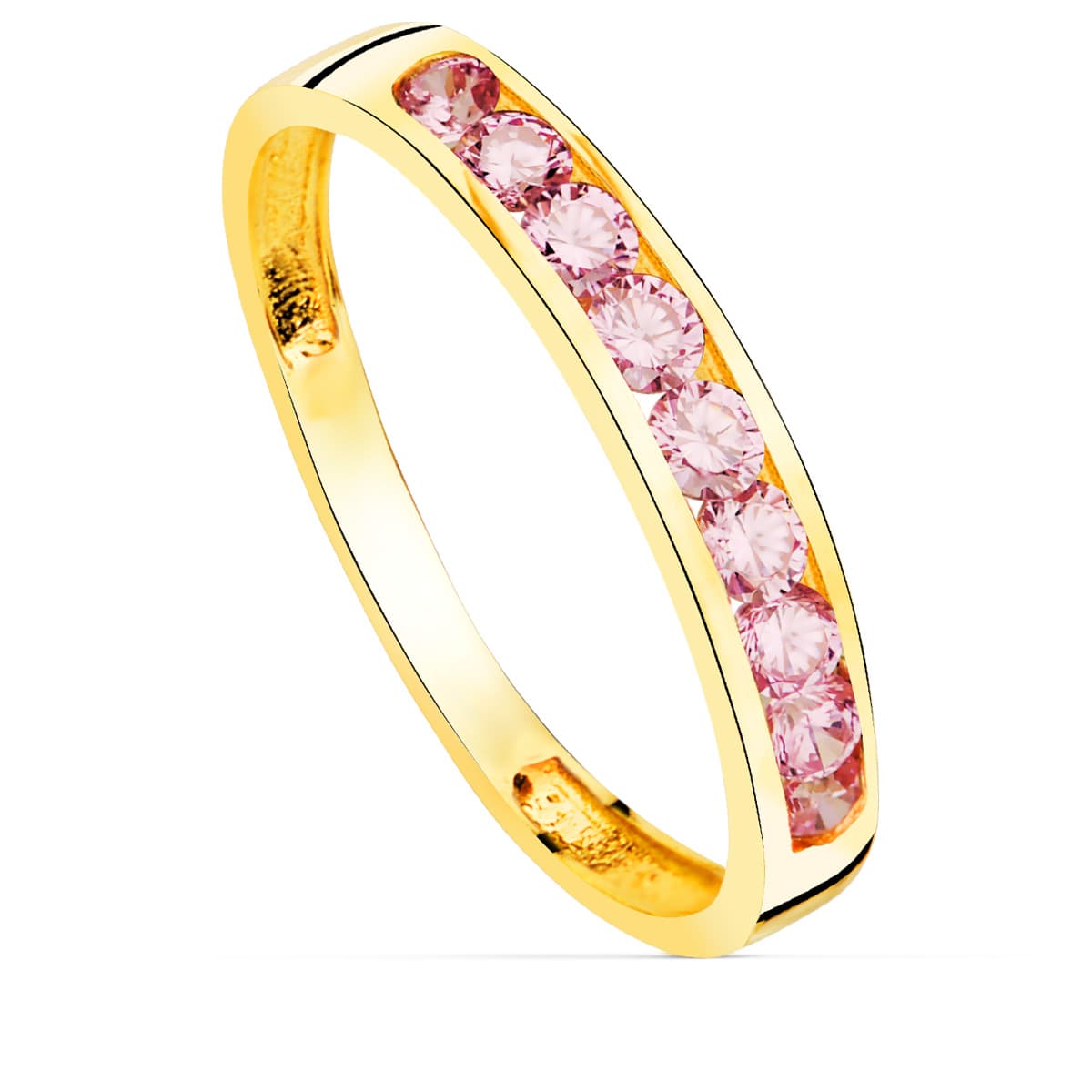 Sortija 9 Circonita Rosas. Ancho Cuerpo 3,5 mm de oro amarillo 18K