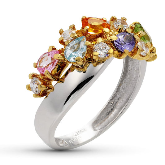 18K SORTIJA ORO BICOLOR CON PIEDRAS Y CIRCONITAS. ANCHO: 8,5 MM