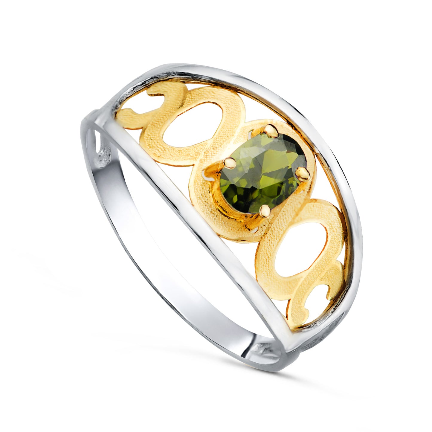 18K SORTIJA ORO BICOLOR MOTIVOS CALADA Y PIEDRA OVAL PERIDOTO 6X 3,5 MM. ANCHO: 11MM