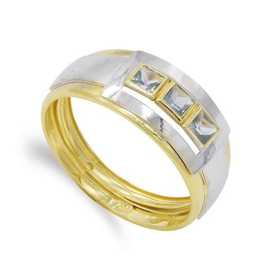 18K SORTIJA ORO BICOLOR DOBLE CUERPO MOTIVO Y CIRCONITA AGUAMARINA. ANCHO: 12 MM