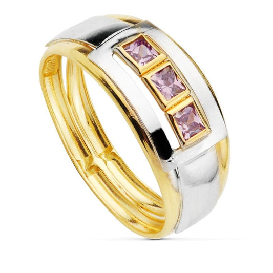 18K SORTIJA ORO BICOLOR DOBLE CUERPO MOTIVO Y CIRCONITA AMATISTAS. ANCHO: 12 MM