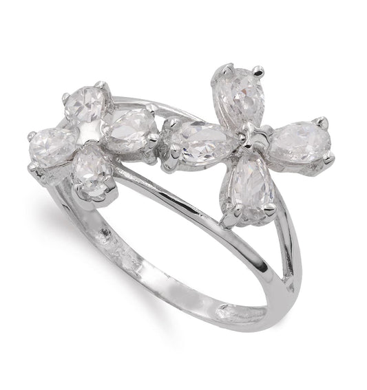 18K SORTIJA ORO BLANCO CON FLORES DE CIRCONITA ANCHO 13 MM