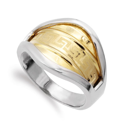 18K SORTIJA ORO BICOLOR BRILLO CON GRECA. ANCHO: 14,5 MM