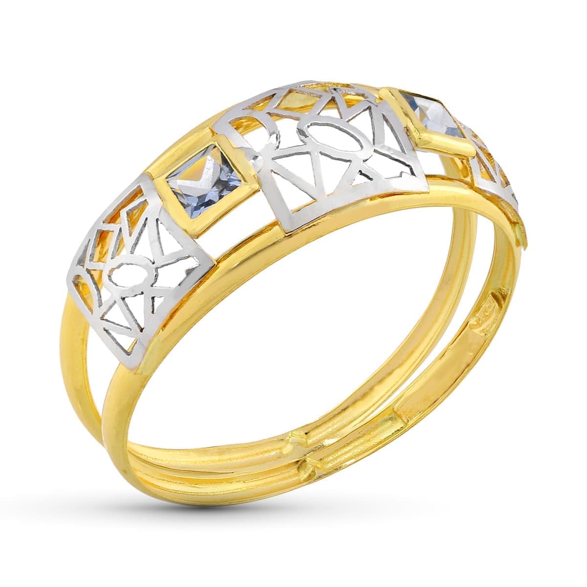 18K SORTIJA ORO BICOLOR DOBLE CUERPO CON MOTIVO CALADO Y CIRCONITA CUADRADAS. ANCHO: 8,5 MM