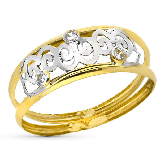 18K SORTIJA ORO BICOLOR DOBLE CUERPO CON MOTIVO CALADO. ANCHO: 6,5 MM