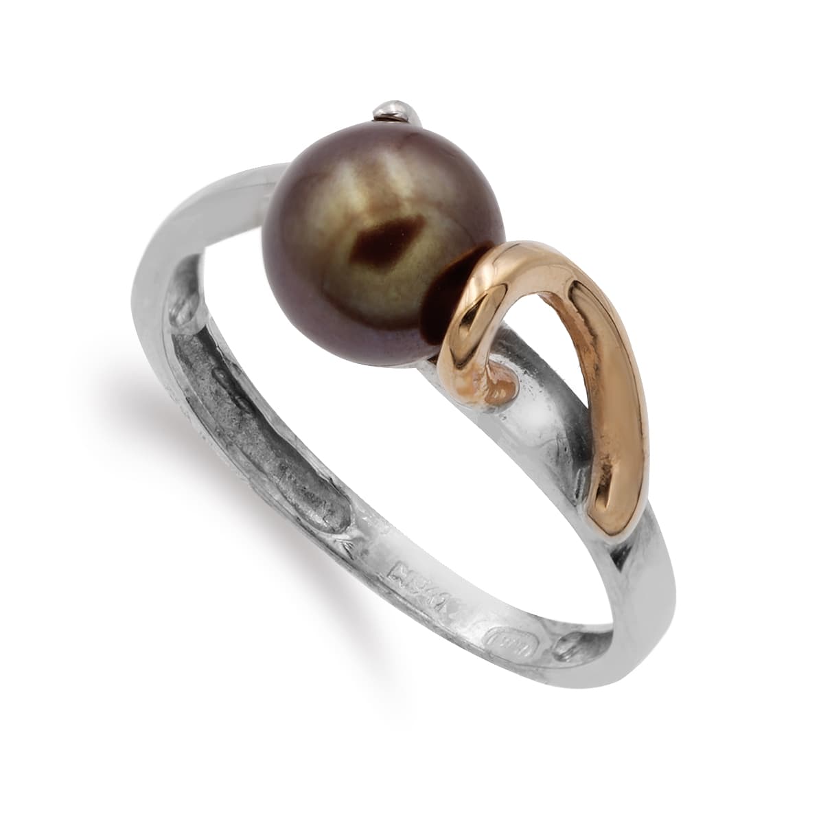Sortija Bicolor Perla Chocolate 7 mm 18K