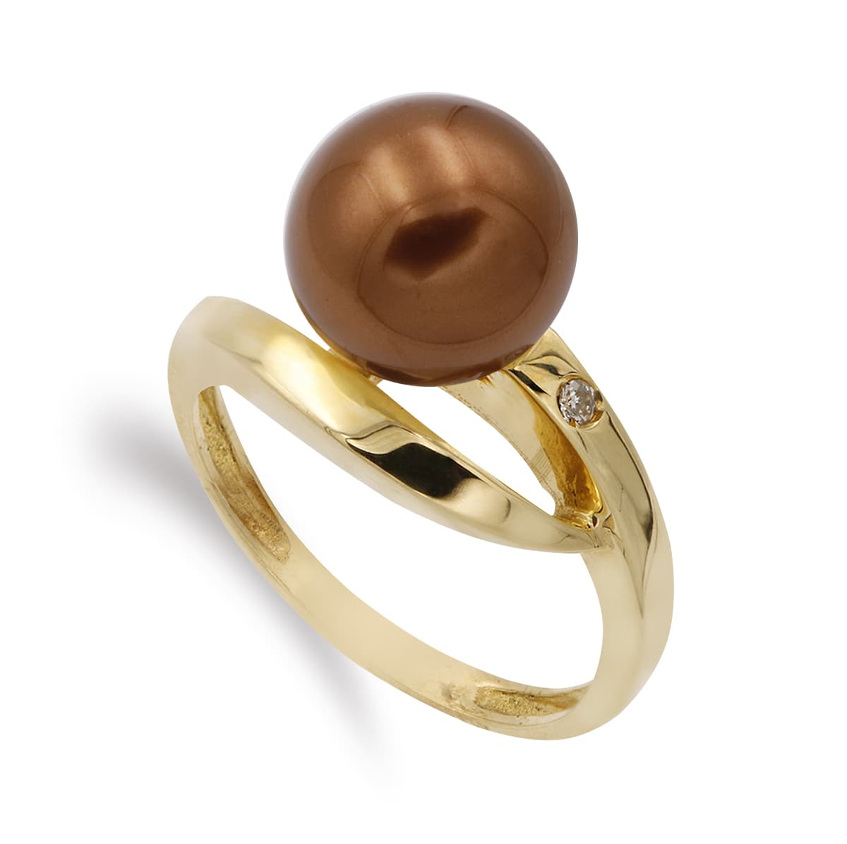Sortija con Circonita y Perla Chocolate 10 mm de oro amarillo 18K