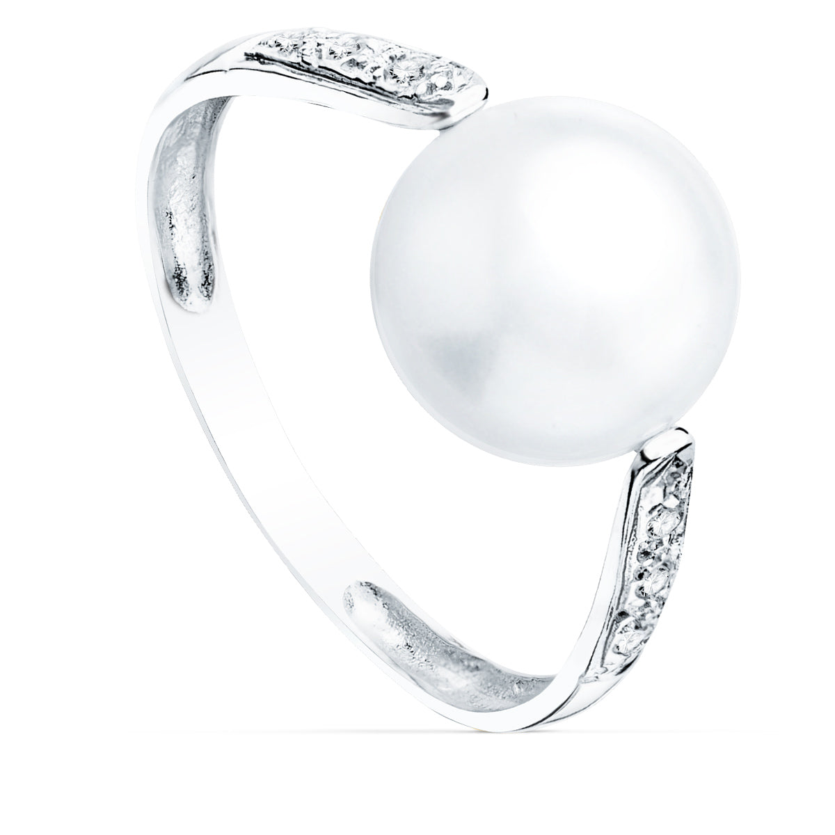18K SORTIJA ORO BLANCO PERLA 10 MM CON CIRCONITA 11 MM ANCHO CUERPO 2.8 MM