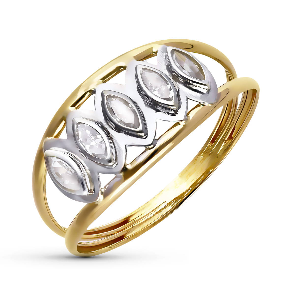 18K SORTIJA ORO BICOLOR DOBLE CUERPO CON CIRCONITA Y MOTIVOS CALADOS. ANCHO: 7 MM