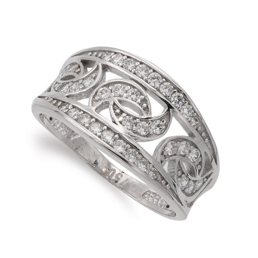 18K SORTIJA ORO BLANCO CON BANDAS Y CIRCONITAS. ANCHO 11 MM