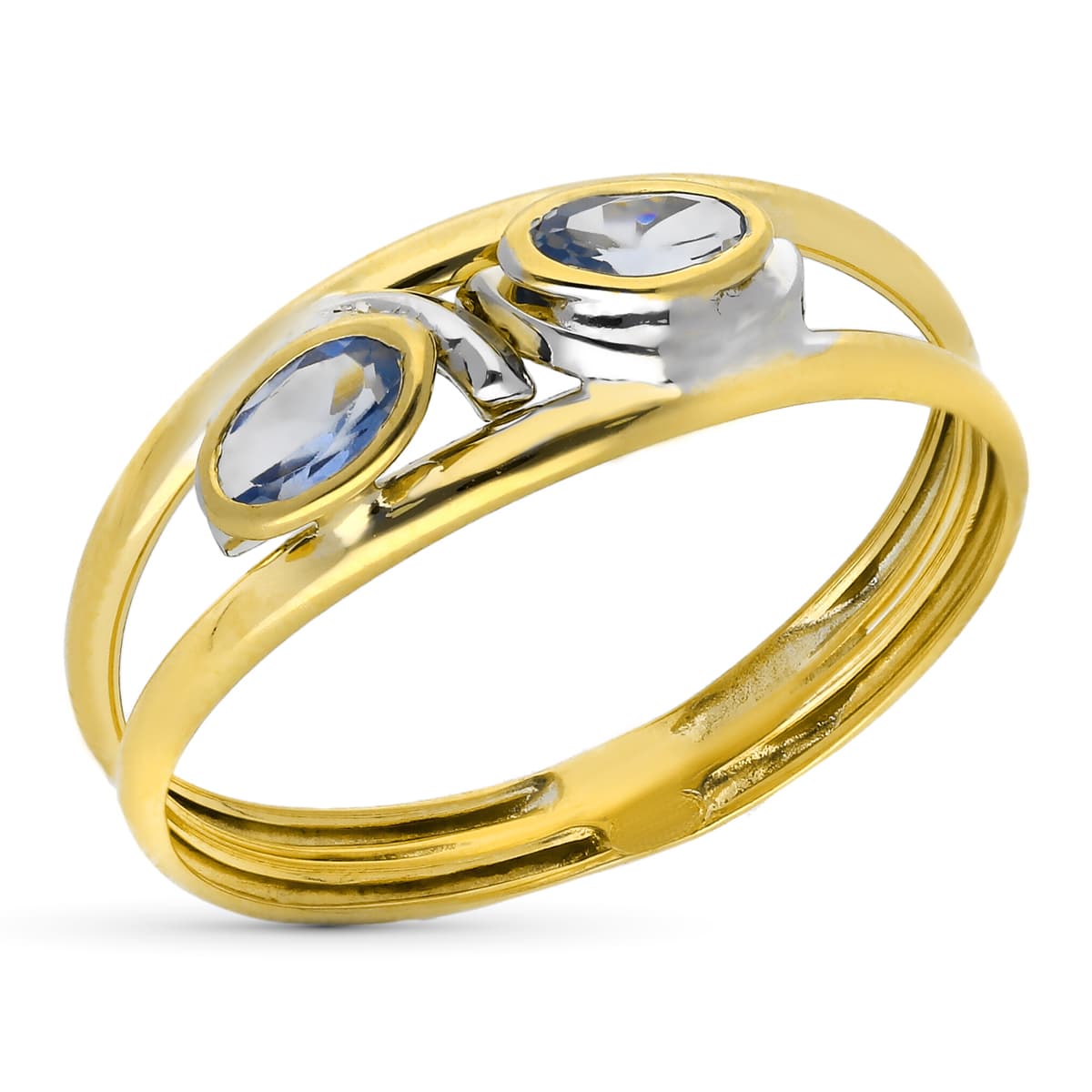 9K SORTIJA ORO BICOLOR DOBLE CUERPO CON CIRCONITAS AZULES. ANCHO: 6 MM
