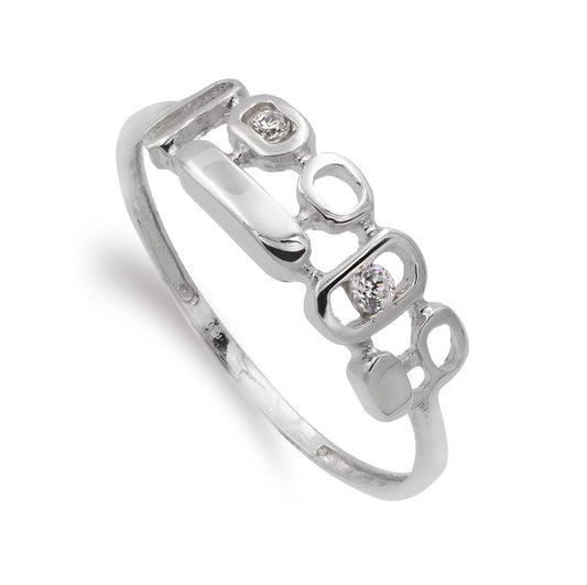 18K SORTIJA ORO BLANCO CON MOTIVOS Y CIRCONITAS. ANCHO: 5 MM