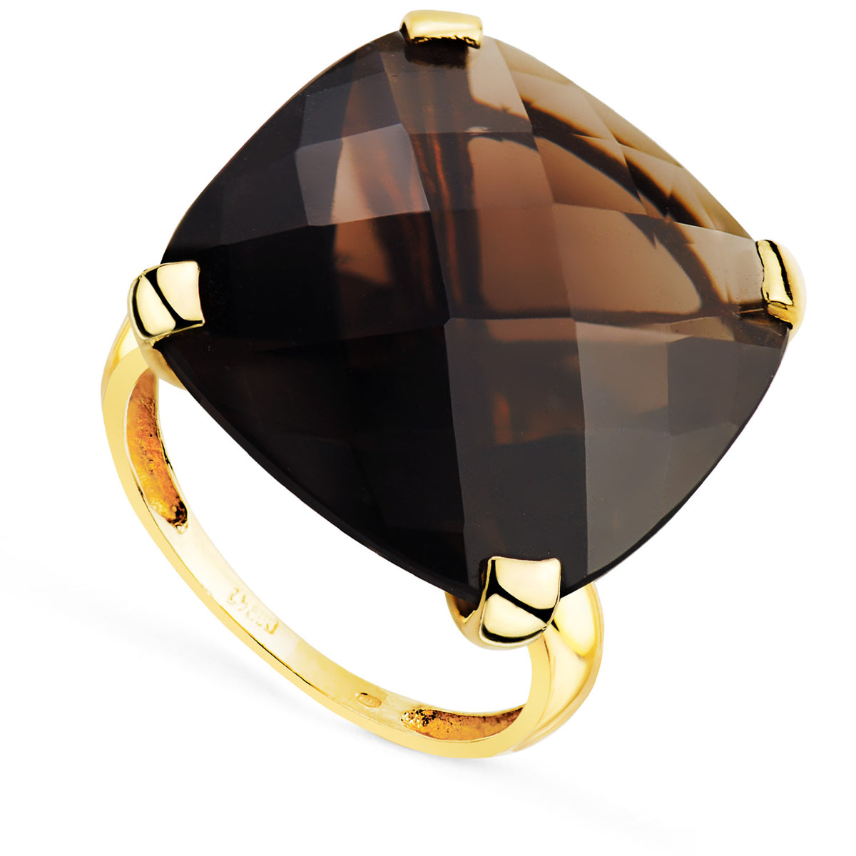 Sortija Piedra Color Fumé con Garras. Medida: 20 x 20 mm de oro amarillo 18K