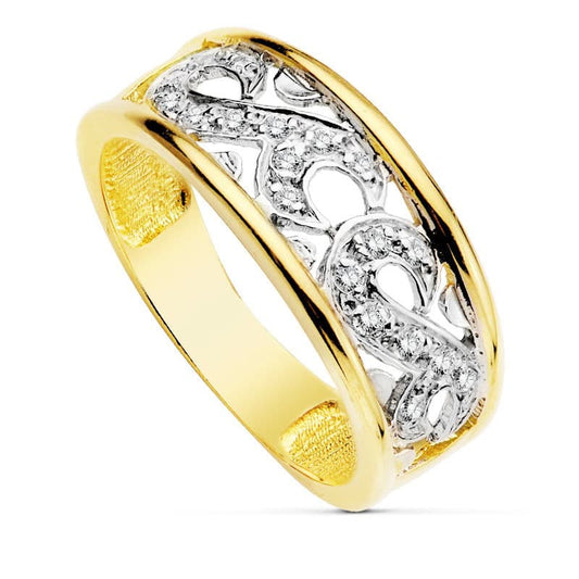 18K SORTIJA ORO BICOLOR CALADA CON CIRCONITAS. ANCHO: 5 MM