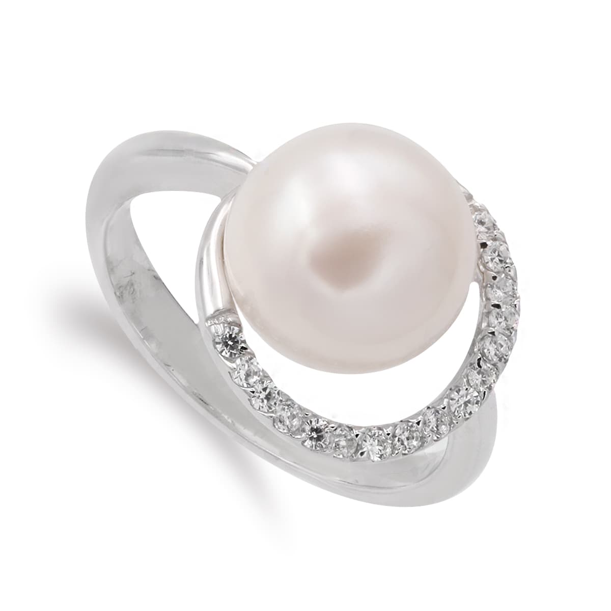 Sortija con Perla 10 mm y Cerco de Circonitas. Ancho Cuerpo: 3 mm de oro blanco 18K