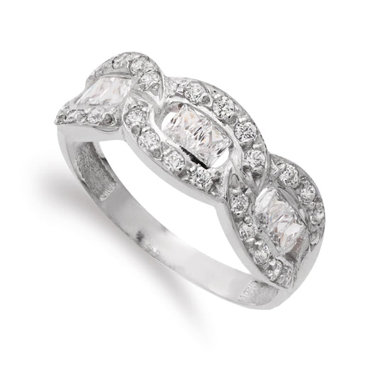 18K SORTIJA ORO BLANCO CON TRES MOTIVOS OVALES Y CIRCONITAS. ANCHO: 7 MM