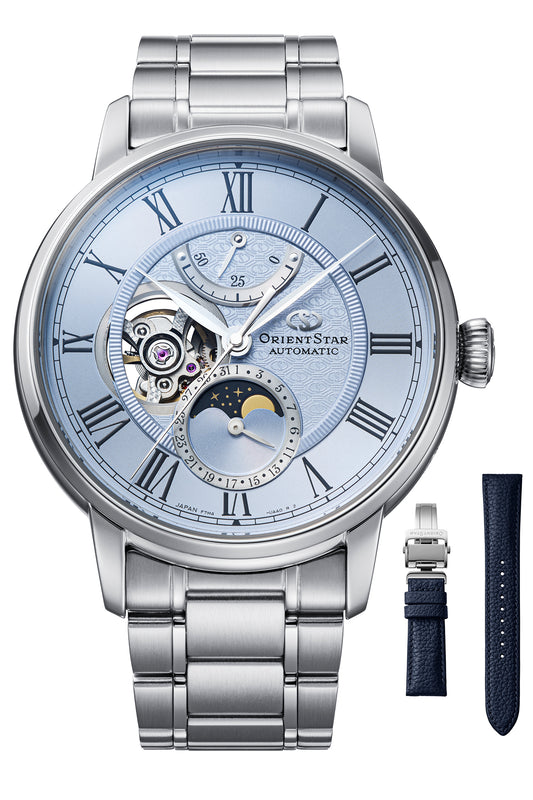 Reloj Orient Star F7 Moon Phase Automático RE-BT0007L00B, esfera azul
