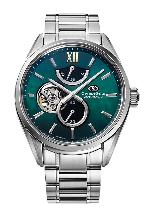 Reloj Orient Star F7 Semi Skeleton Automático RE-BY0005A00B, esfera nácar, verde