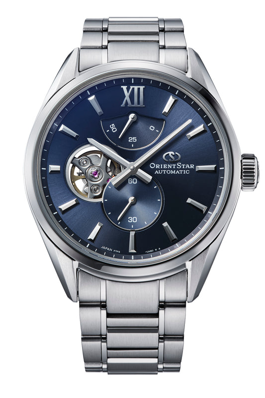 Reloj Orient Star F7 Semi Skeleton Automático RE-BY0010L00B, esfera azul