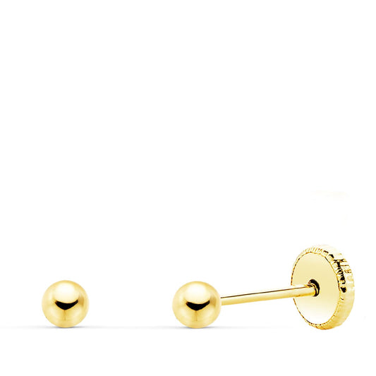 18K PENDIENTES ORO AMARILLO BOLA LISA 3 MM CIERRE TUERCA