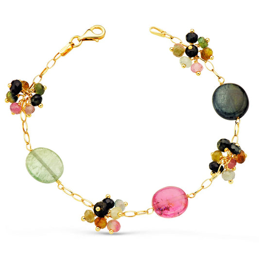 Pulsera Eslabones y Piedras de Colores. 18,5 cm de oro amarillo 18K