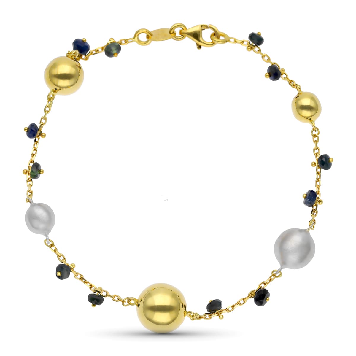 Pulsera Bicolor Mate y Brillo Bolas y Piedras 18K