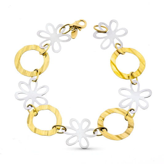Pulsera Bicolor Flores 18,5 cm 18K