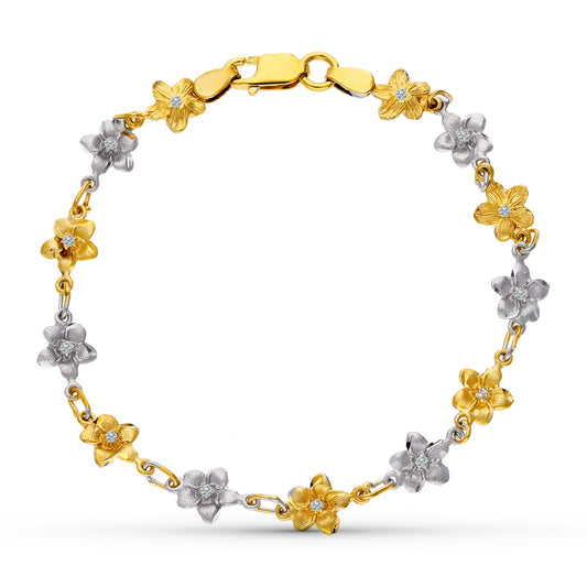 Pulsera Bicolor Flores 18,5 cm 18K