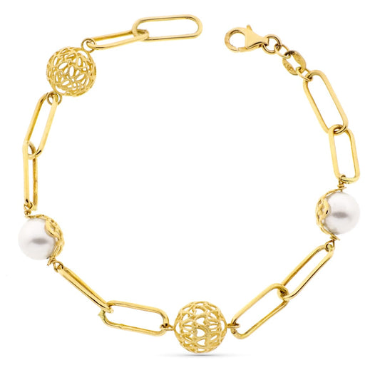 18K PULSERA ORO AMARILLO PERLA Y BOLAS CALADAS ANCHO 9 MM LARGO 19CM