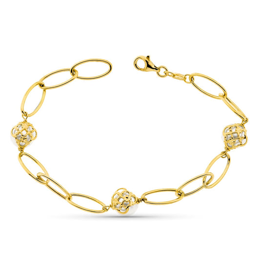 Pulsera Entrepiezas Ovales y Perla 8 mm de oro amarillo 18K